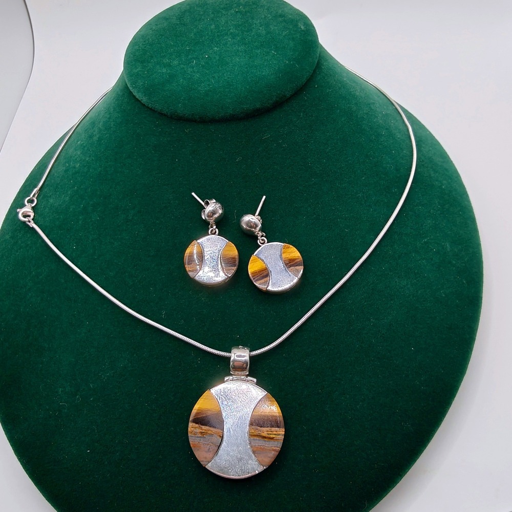 950 Sterling Silver Tigers Eye Jewelry Set Necklace Pendant Earrings Modernist